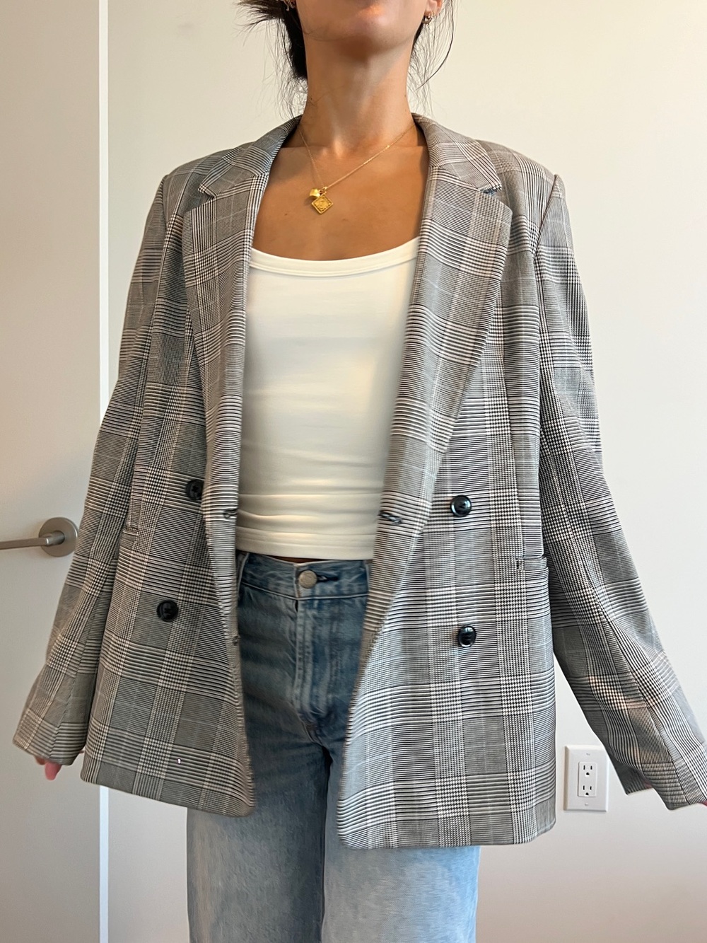 Sunday Best Plaid Double-Breasted Grey Blazer Jacket